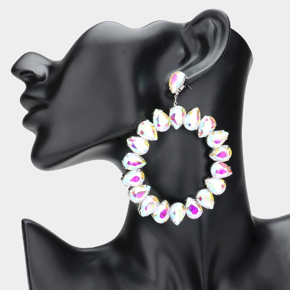 Big Abalone Silver Open Circle Glass Teardrop Crystal Dangle Earrings